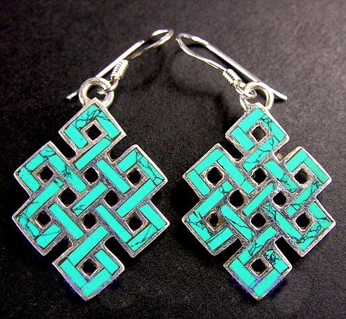 Turquoise Endless Knot Earrings Handmade Tibetan Stirling Silver Earrings